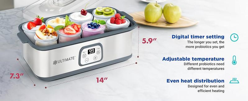 Ultimate Probiotic Yogurt Maker with Adjustable Temperature & Time Control - Create Trillions of Live Probiotics for Better Gut Health - Non-Dairy Friendly, BPA-Free Glass Containers, Lifetime Warranty