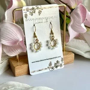 Bloom Charms Handmade Gold Wire Wrapped Earrings with Beads and Gold Finish, Featuring Floral Design.