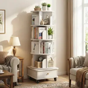 Spaco 5-Tier 360° Rotating Bookshelf Rack with Drawer and Wheels, Space-Saving Tower for Small Spaces, Bedroom, Home Office, Warm White