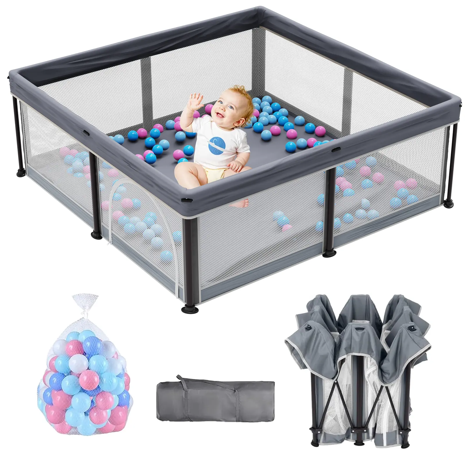 Foldable Baby PlayPen with Mat 50"x50"，Playpen for Babies and Toddlers with Gate Breathable ，Foldable Travel PlayPen with 50 Ocean Balls ，Floor Playpen#tiktokshopbacktoschool,back to school