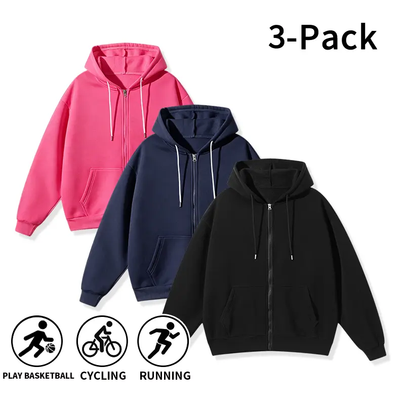 Men's 3-Pack Full Zip-Up Hoodies - Polyester Zip Top Men's Sweatshirts with Kangaroo Pockets, Oversized Sporty Design for Outdoors, Biking, Zip Up Hoodie