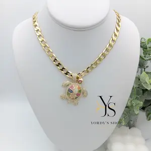 Yordy Cuban link chain 8mm thick and 20 inches long, with Multicolor Turtle pendant, 14k gold plated, high quality.