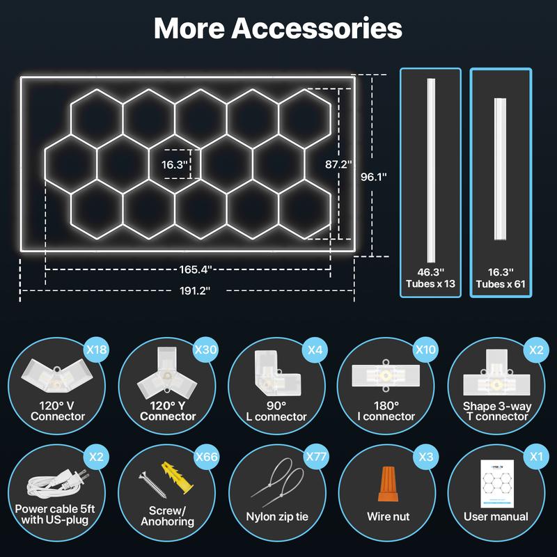 HYPERLITE All-New Creative Design 624W Hexagon DIY LED Garage Light 62400LM Honeycomb Ceiling Lighting System with Colorful Outer Frame 15-Grid DIY Plug-in Setup for Car Detailing Shops Basements Warehouses Jumpstart newyear