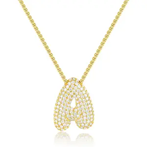 KissYan Bubble Letter Necklace, 14K Gold Plated Balloon Initial Pendant Box Chain Necklace Dainty Pave CZ Jewelry Gift for Women