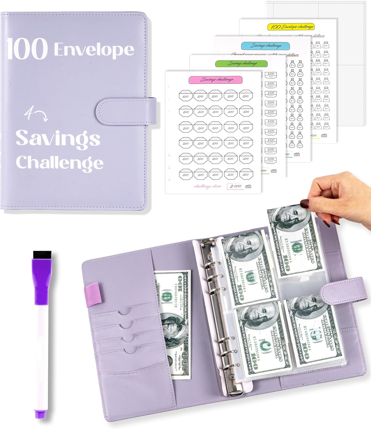 100 Envelopes Money Saving Challenge Binder A5 Large Leather Budget Organizer with Reusable Tracker Cards & Erasable Pen Gift for everyone with password lock