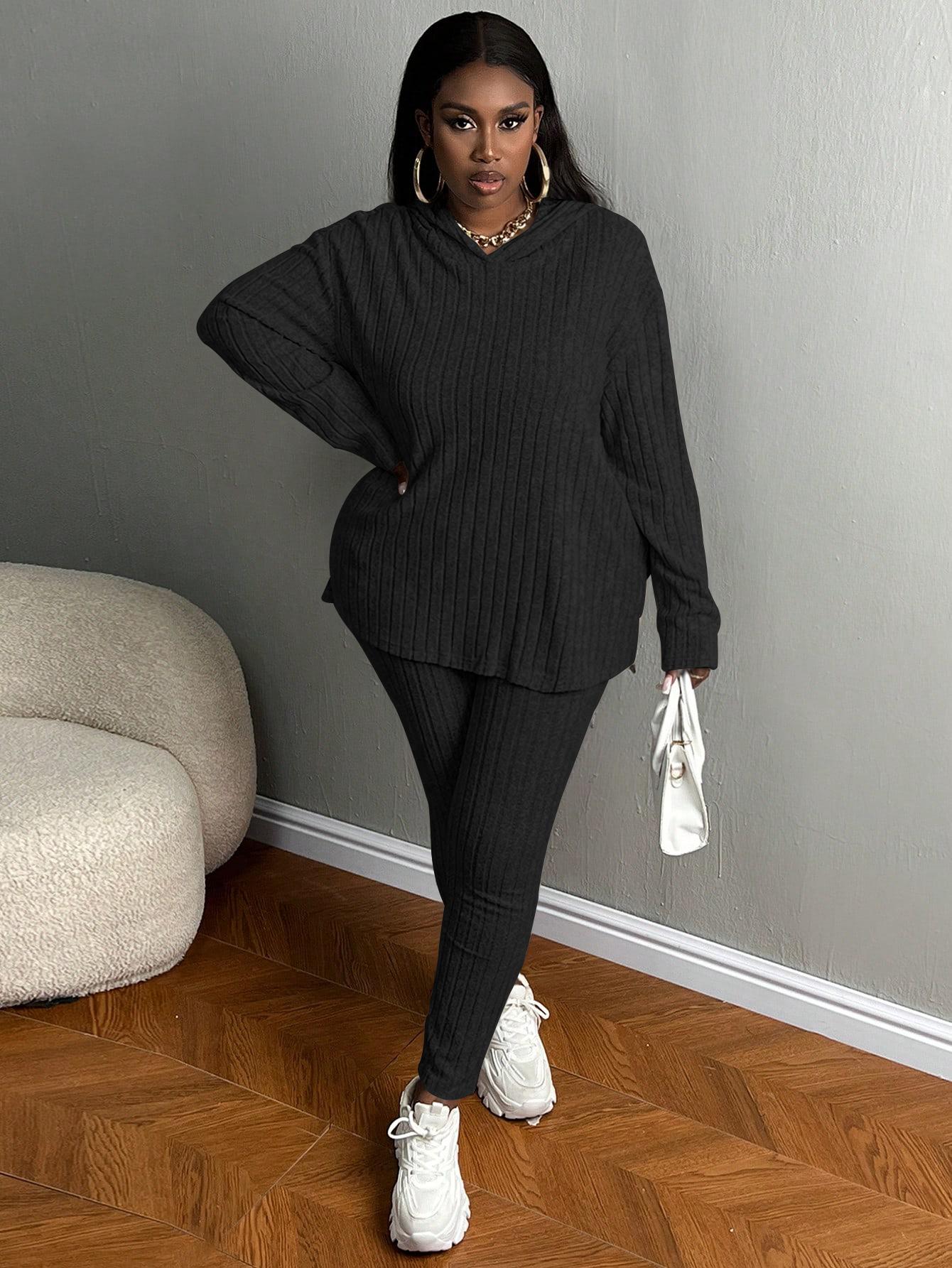 USBOUTIQUECHIC Plus Size Women's Solid Textured Ribbed Hoodie & Elastic Waist Pants Set, Casual Cozy Ribbed Knit Outfits for Fall & Winter, Baggy Matching Suits for Daily Wear