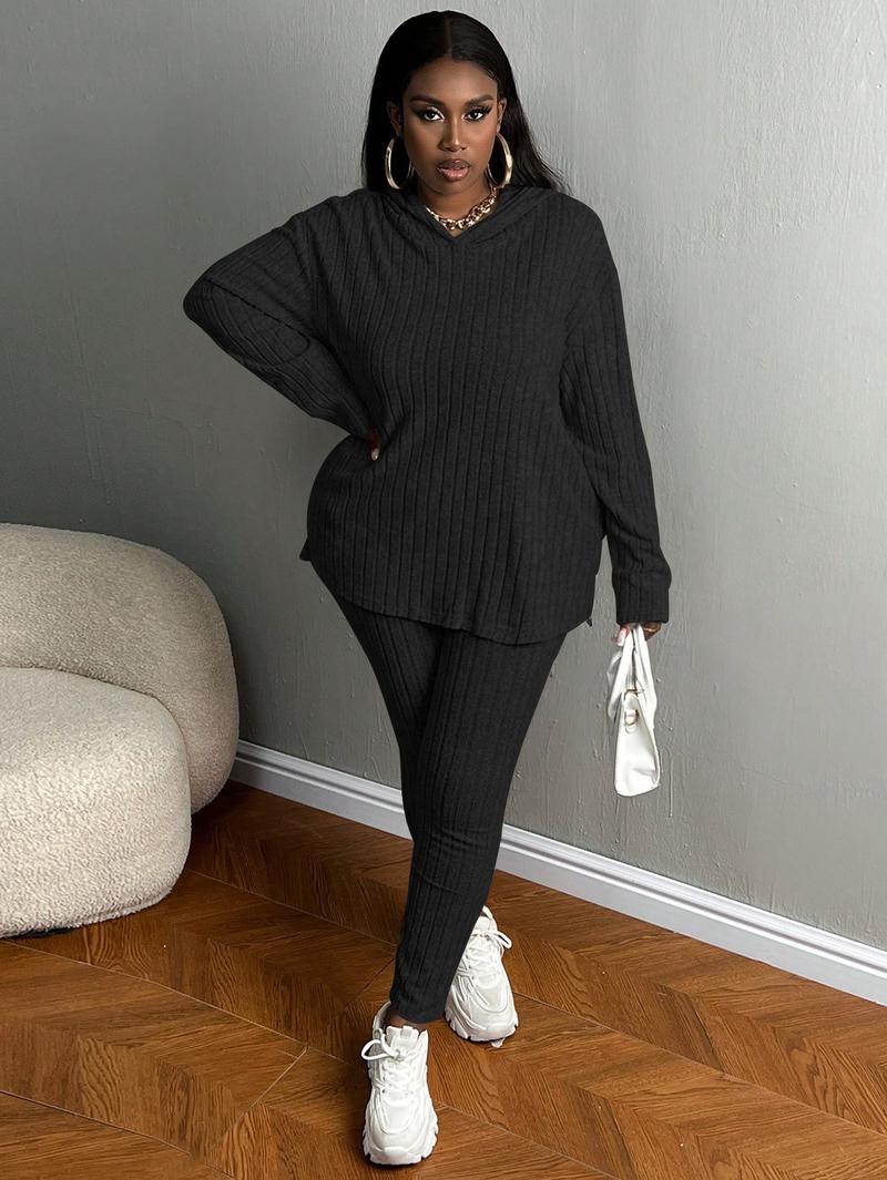 USBOUTIQUECHIC Plus Size Women's Solid Textured Ribbed Hoodie & Elastic Waist Pants Set, Casual Cozy Ribbed Knit Outfits for Fall & Winter, Baggy Matching Suits for Daily Wear