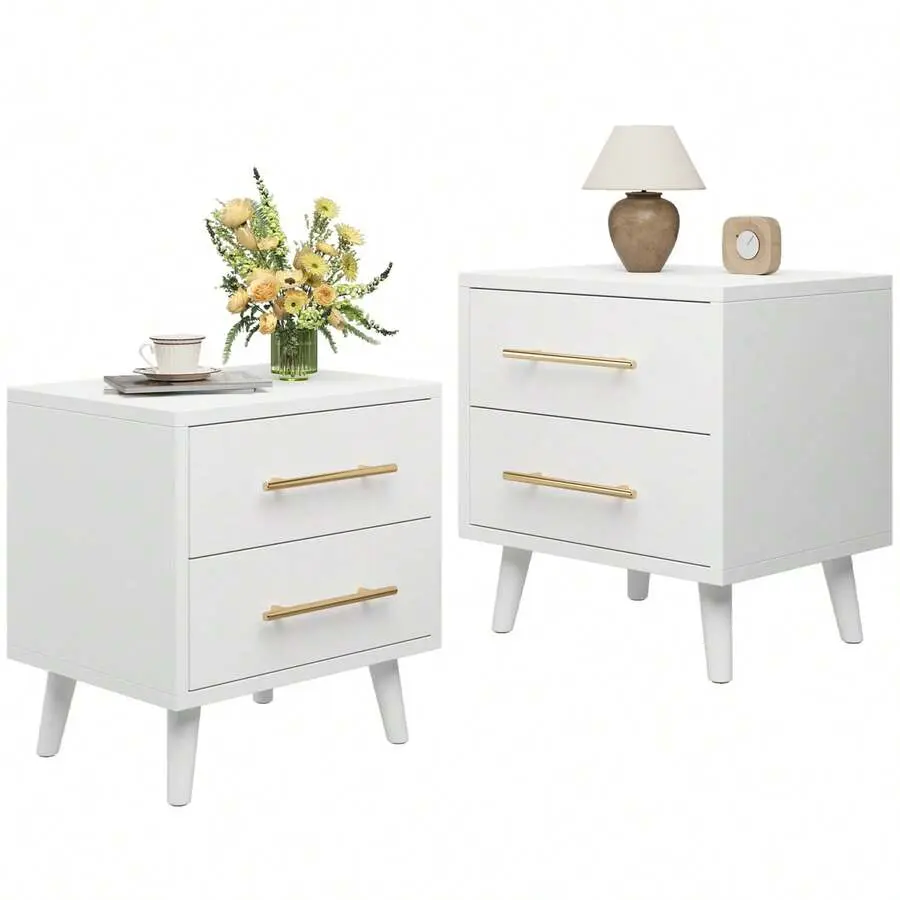 Lofka [2pc]Modern Nightstand With Drawers, 2 Drawer Dressers With Gold Handles, End Side Table For Bedroom, Living Room, White