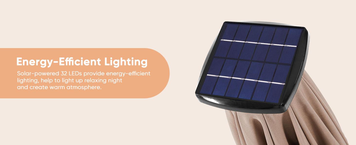 3-Tier Patio Outdoor Umbrella Solar 32 LED Lighted Table Market Umbrella with Tilt Adjustment Easy Crank for Garden Deck Backyard Pool and Beach