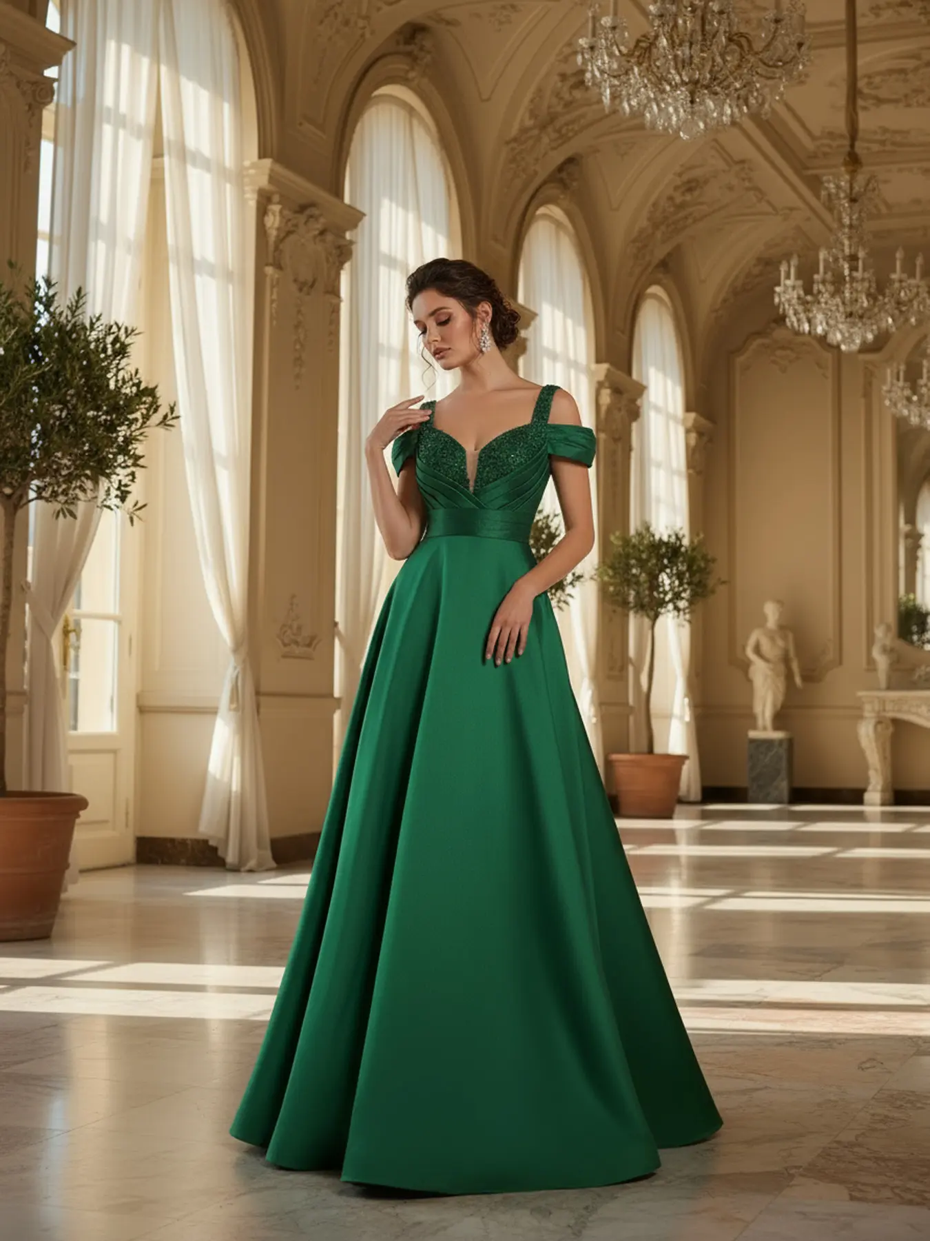 Women's Plain Dark Green Satin Formal Gown - Floor-Length, Off-Shoulder, Sleeveless, Sweetheart Neck, Contrast Sequins, Glitter Accents, Zipper - All-Season Elegant Couture Night Out Wear - Hand Wash Only, Do Not Dry Clean
