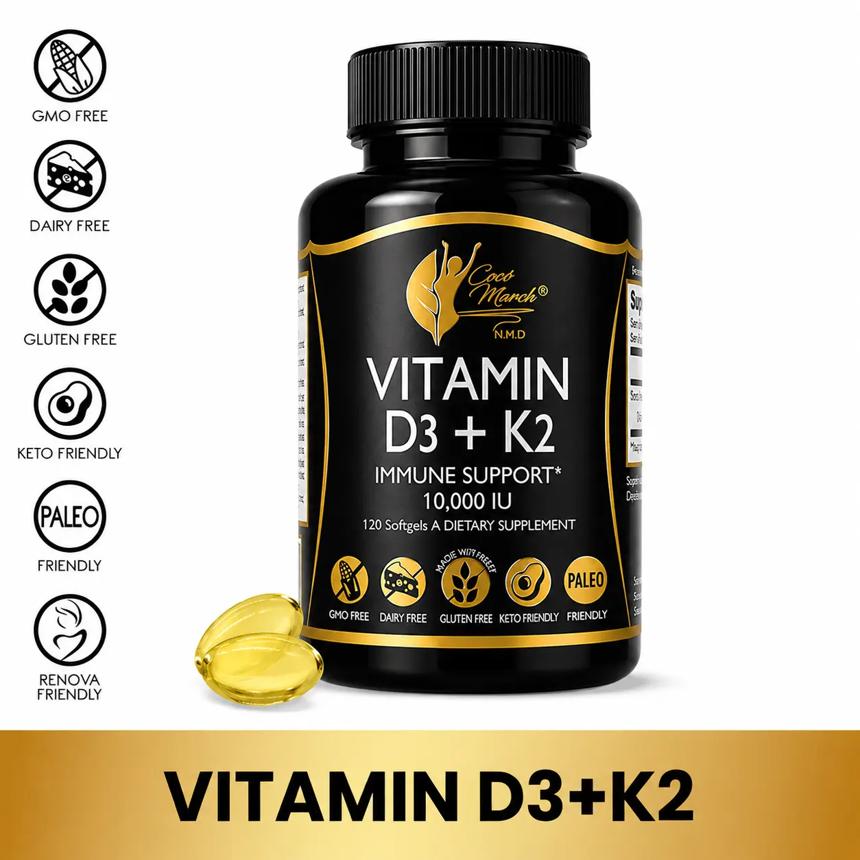 Cocó March N.M.D Vitamin D3 + K2 Dietary Supplement, 120 Softgel Capsules Healthcare Fitness