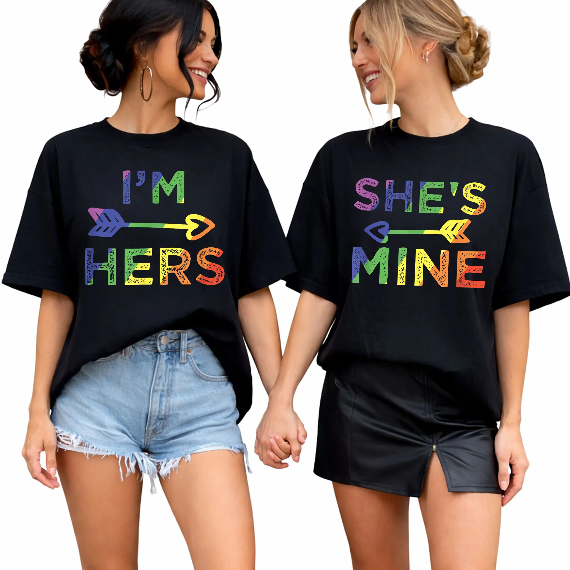 Made In USA, (Sold Individually) Lesbian Couple Im Hers Shes Mine Matching Pride Graphic Print Tshirt, LGBTQ Love Equality Apparel, Bestie BFF Friendship For Women, Cotton Womenswear Graphic