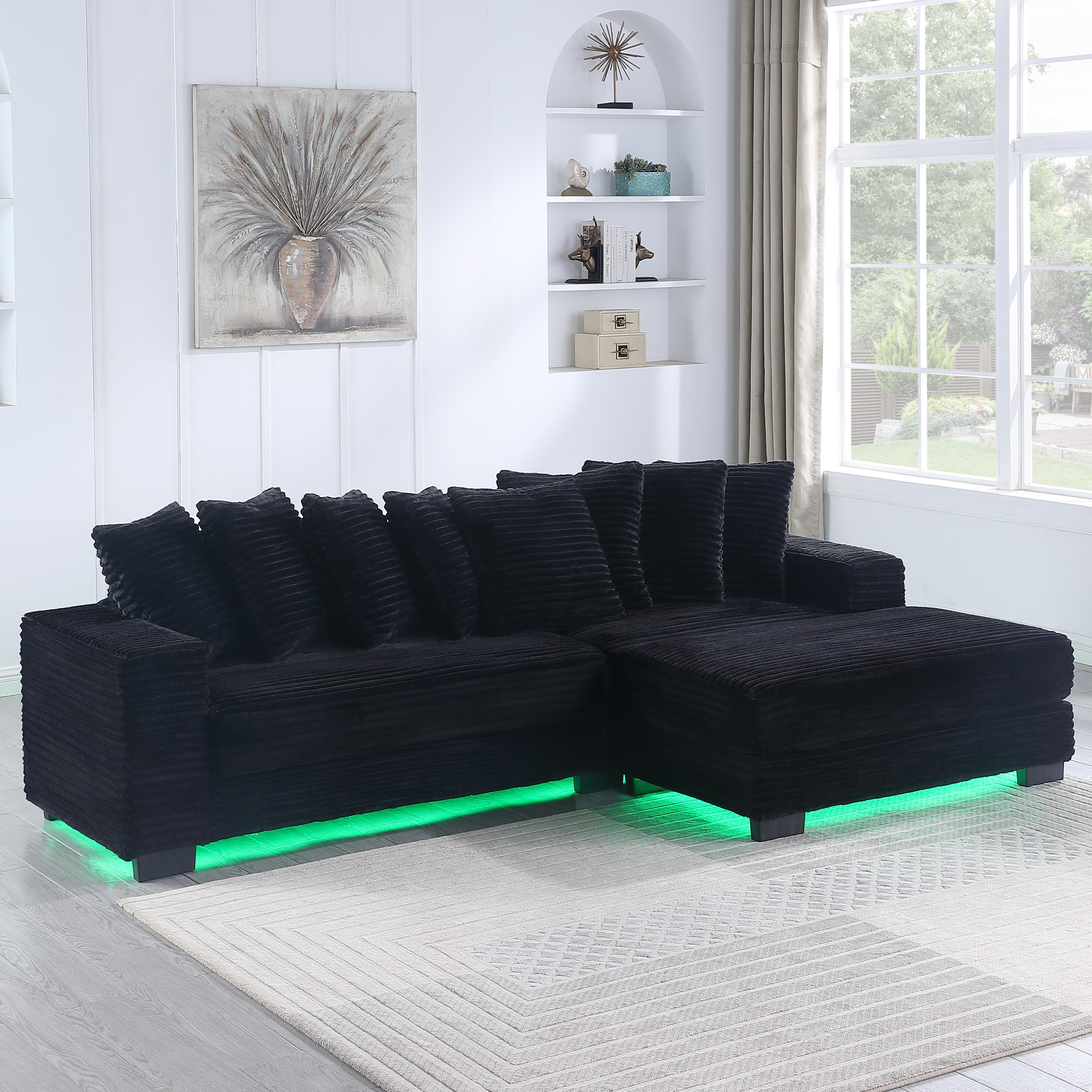 [Shipped in 3 packages] Niccae L-shaped modular sofa (LED light strip version) with ambient lighting, quilted corduroy, convertible into a bed, adjustable footstool, suitable for living rooms, apartments or home offices, self-assembly required