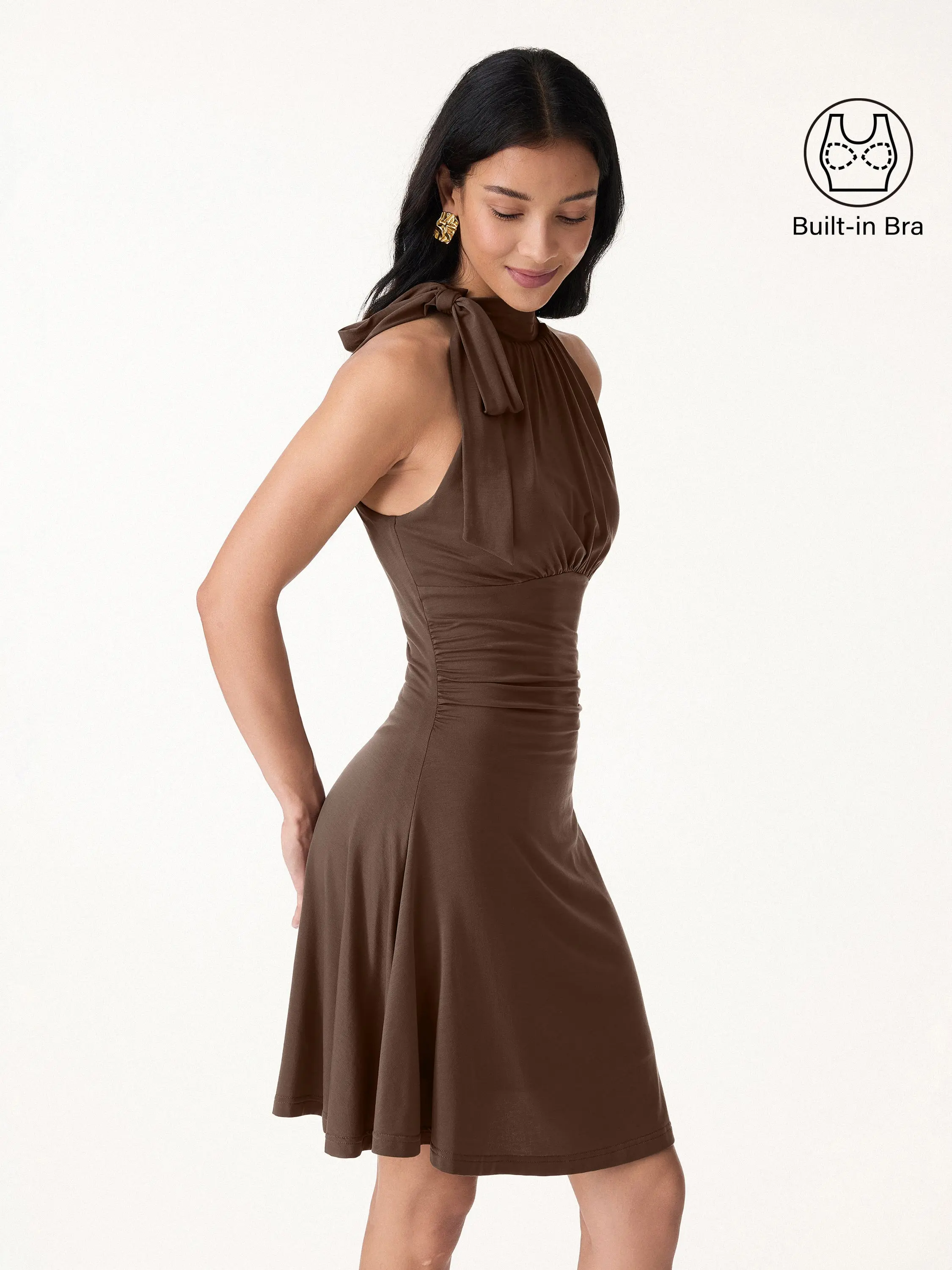 Milky Matte Mockneck Bow Tie Ruched Mini Bra Dress