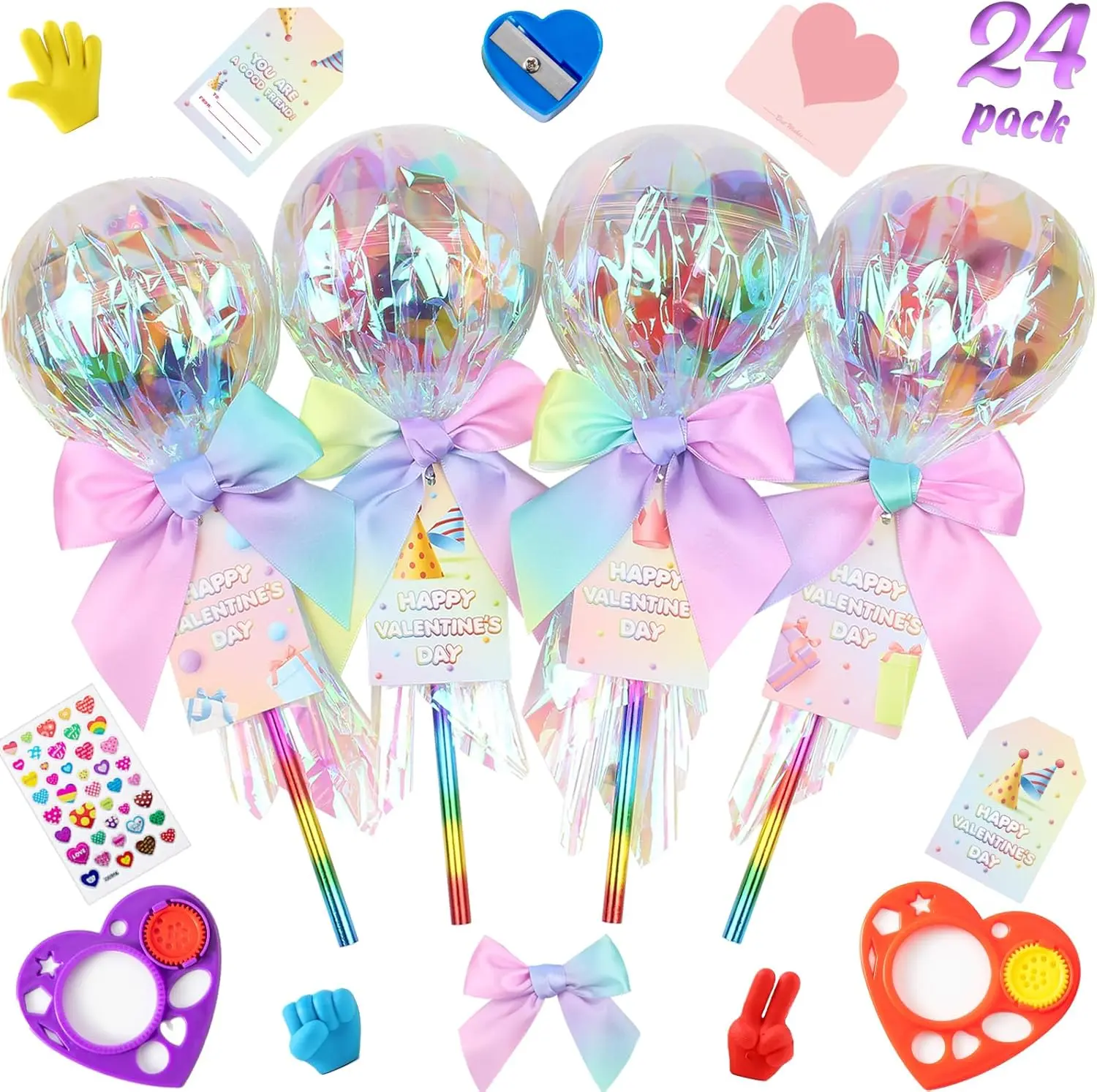 24 Pack Giant Rainbow Stationery Set with Valentine's Cards for School Classroom Class Party Favor - Valentine Gift Exchange for Boys Girls