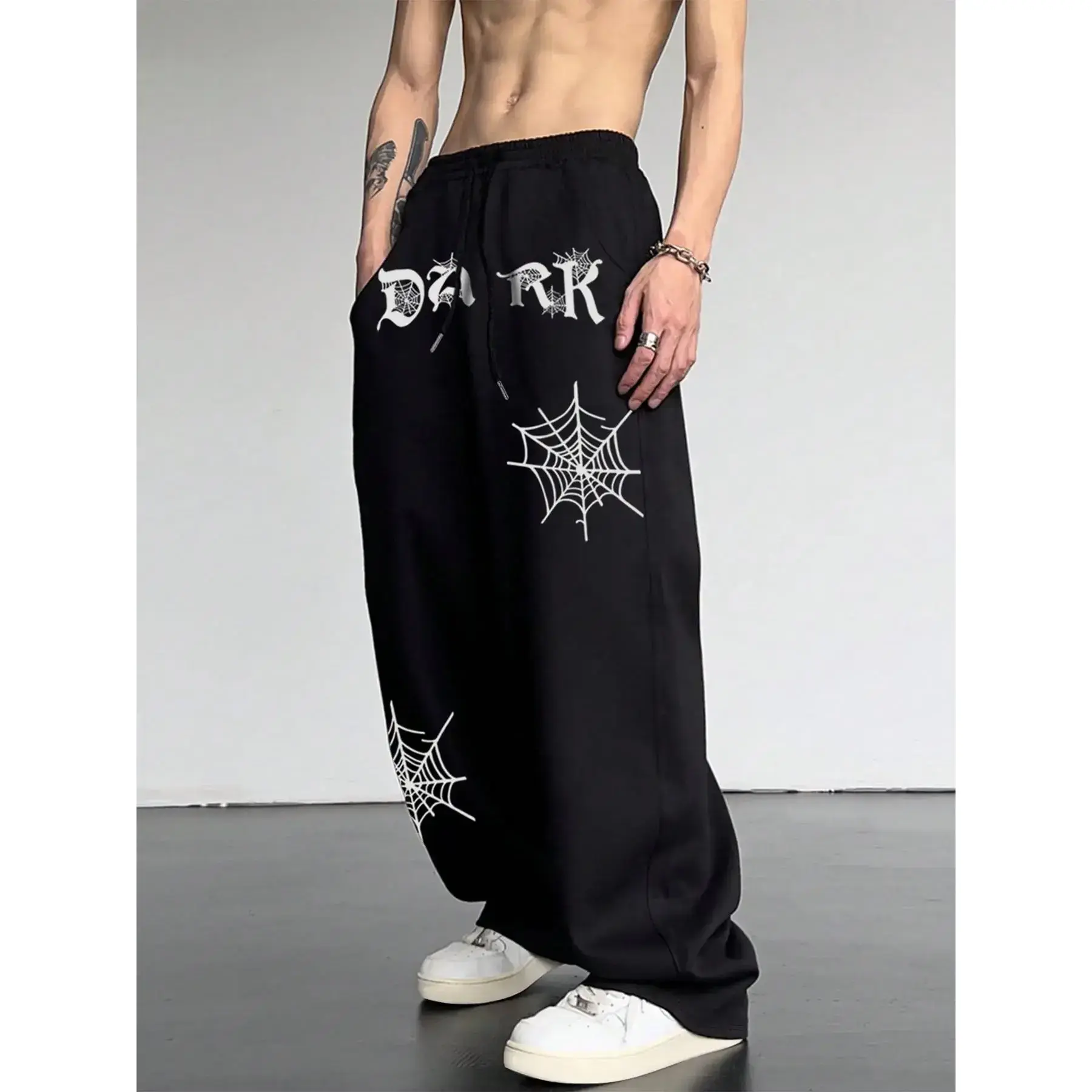 Men's Spider Web & Letter Print Drawstring Waist Pants, Street Fashion Regular Fit Pocket Straight Leg Casual Streetwear Trousers for Daily Wear, Bottoms for All Seasons, everyday wear, trendy style, essential piece