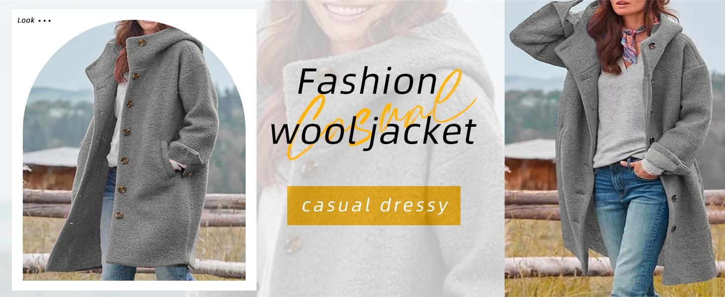 Chouyatou Women's Winter Single-Breasted Wool Coat Casual Wool Blend Hooded Long Trench Jacket