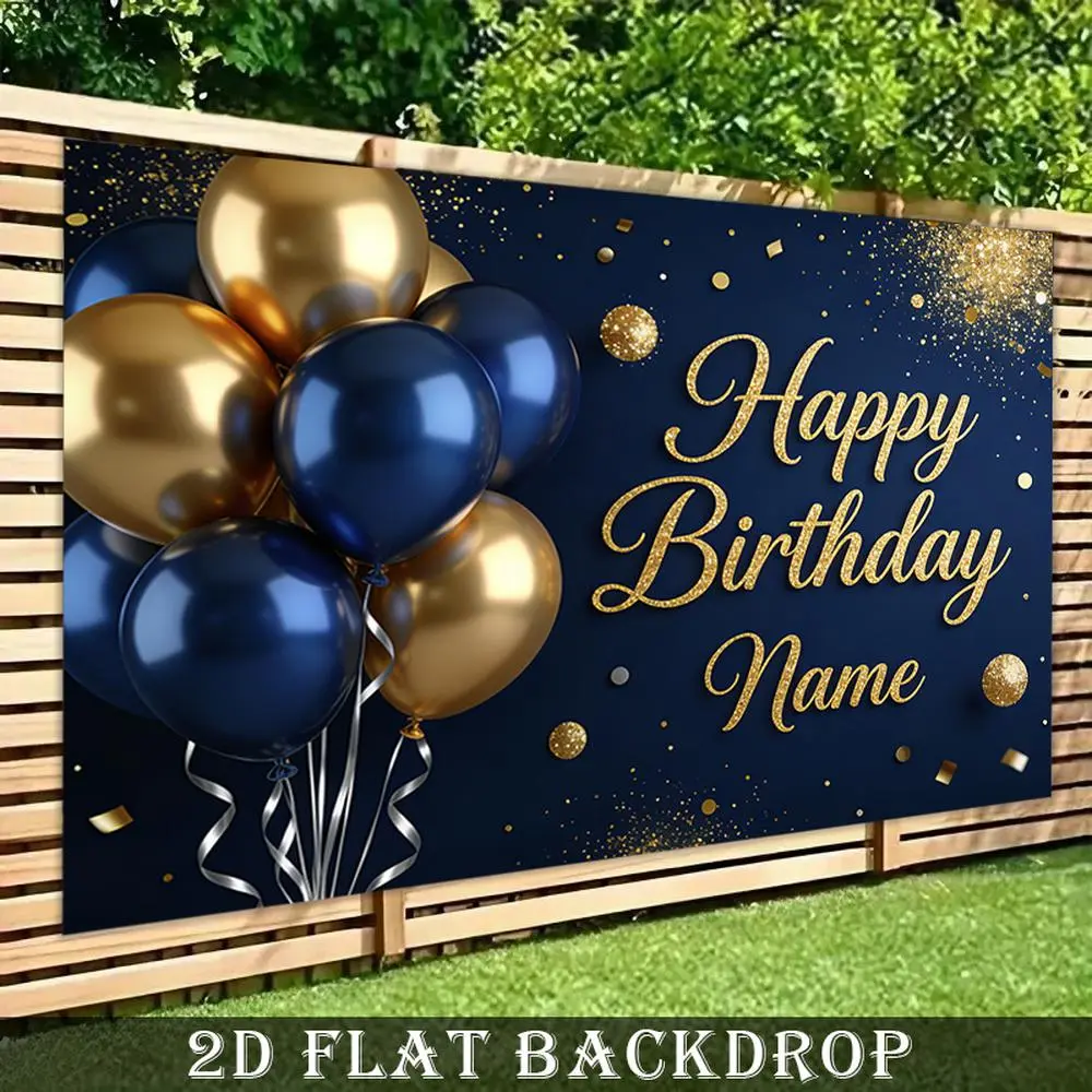 1PC 2D Flat Happy Birthday Backdrop - Navy Blue & Gold Balloons, Customizable Name, Personalized Birthday Banner, Party Decor Props, Photo Background for Celebrations, Birthday Party