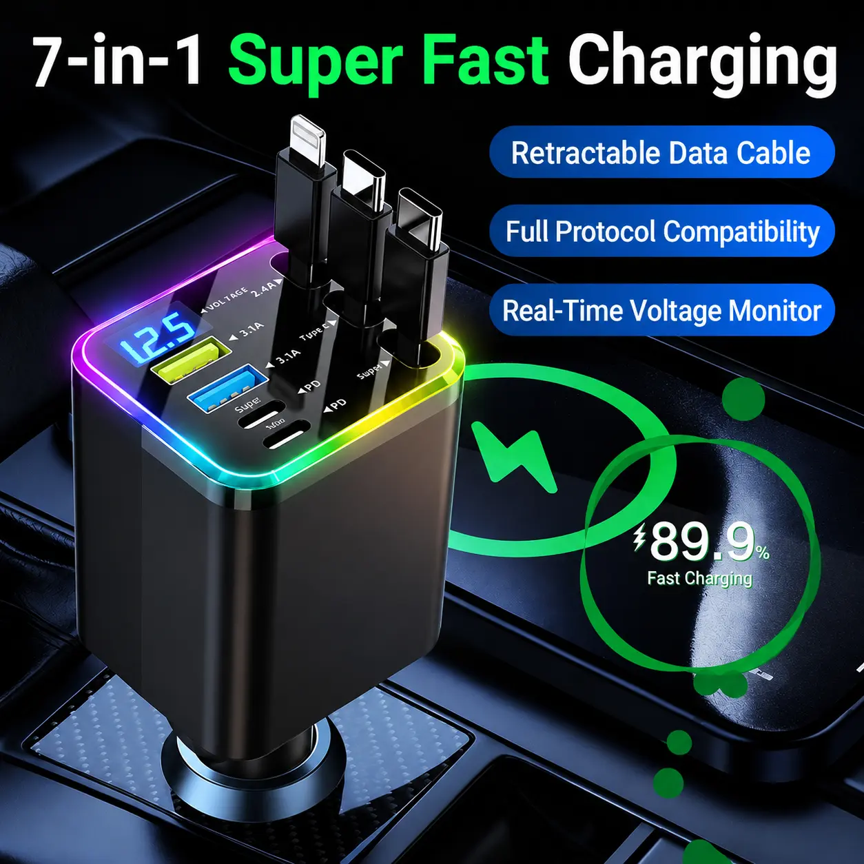 120W Max Super Fast Charging 7-in-1 Retractable Car Charger with Lightning Retractable Data Cable, 3-in-1 Auto-Retract Cables, Digital Voltage Monitor, Smart Protection – Car Accessories, Vehicle Accessories for iPhone, Samsung, Huawei Road Trips