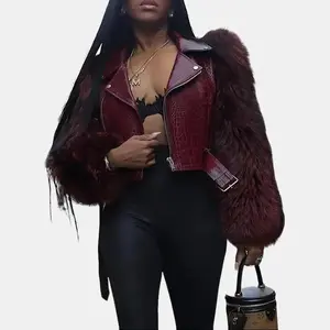 Women's Patchwork Fur Jacket in Burgundy Imitation Crocodile Pattern Sleeves with Zipper Design Casual Motorcycle Style All Seasons Fashionable and Luxurious Appearance Coats Faux Tops Womenswear