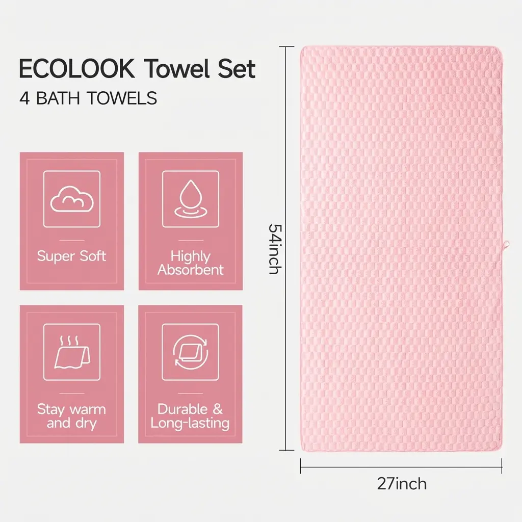 Microfiber Bath Towels - Extra Large, Super Absorbent, Quick Dry Waffle Towels Set for Bathroom, Spa, Gym, and Travel - Luxury, Plush, 4 Multicolor