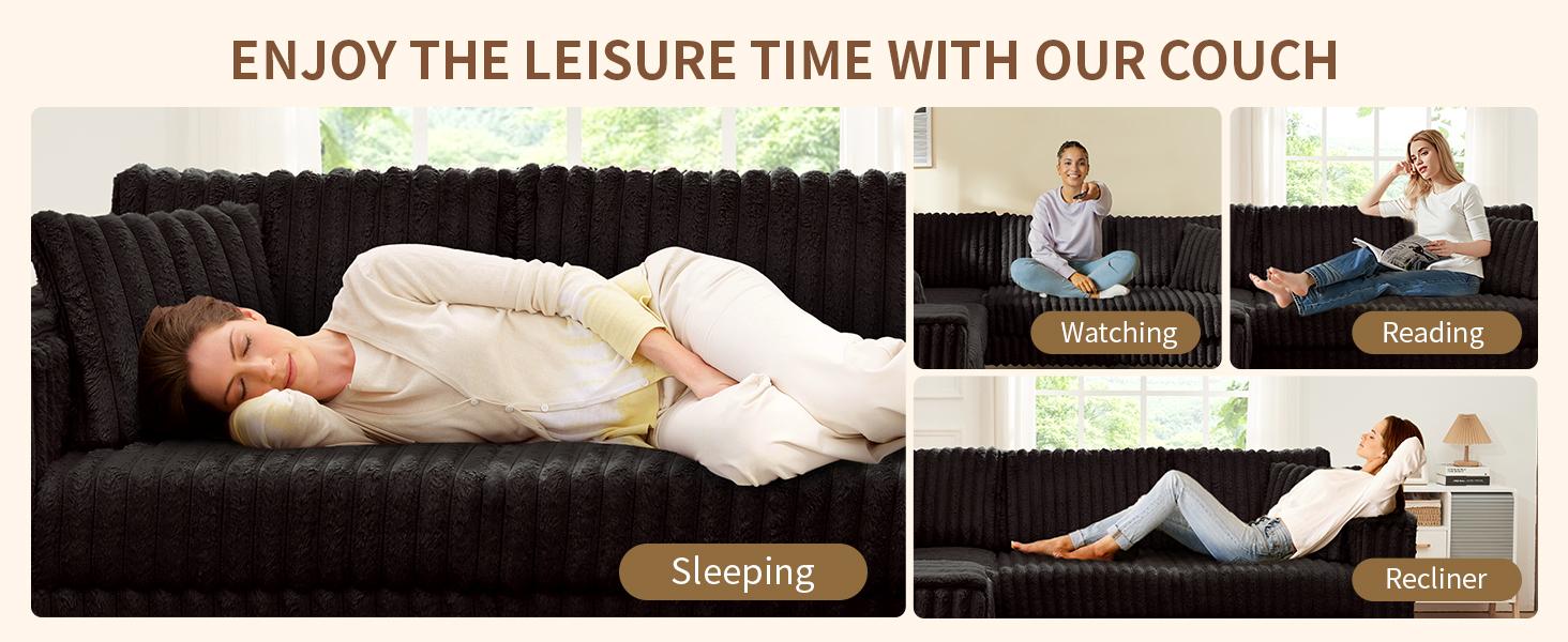 【2 Packages Shipping】Giratree 137" Plush Corduroy Cloud Velvet Modular Couch with Chaise, No Assembly Required L-V-U Shaped Sectional Sofa Set with Flexible Configuration