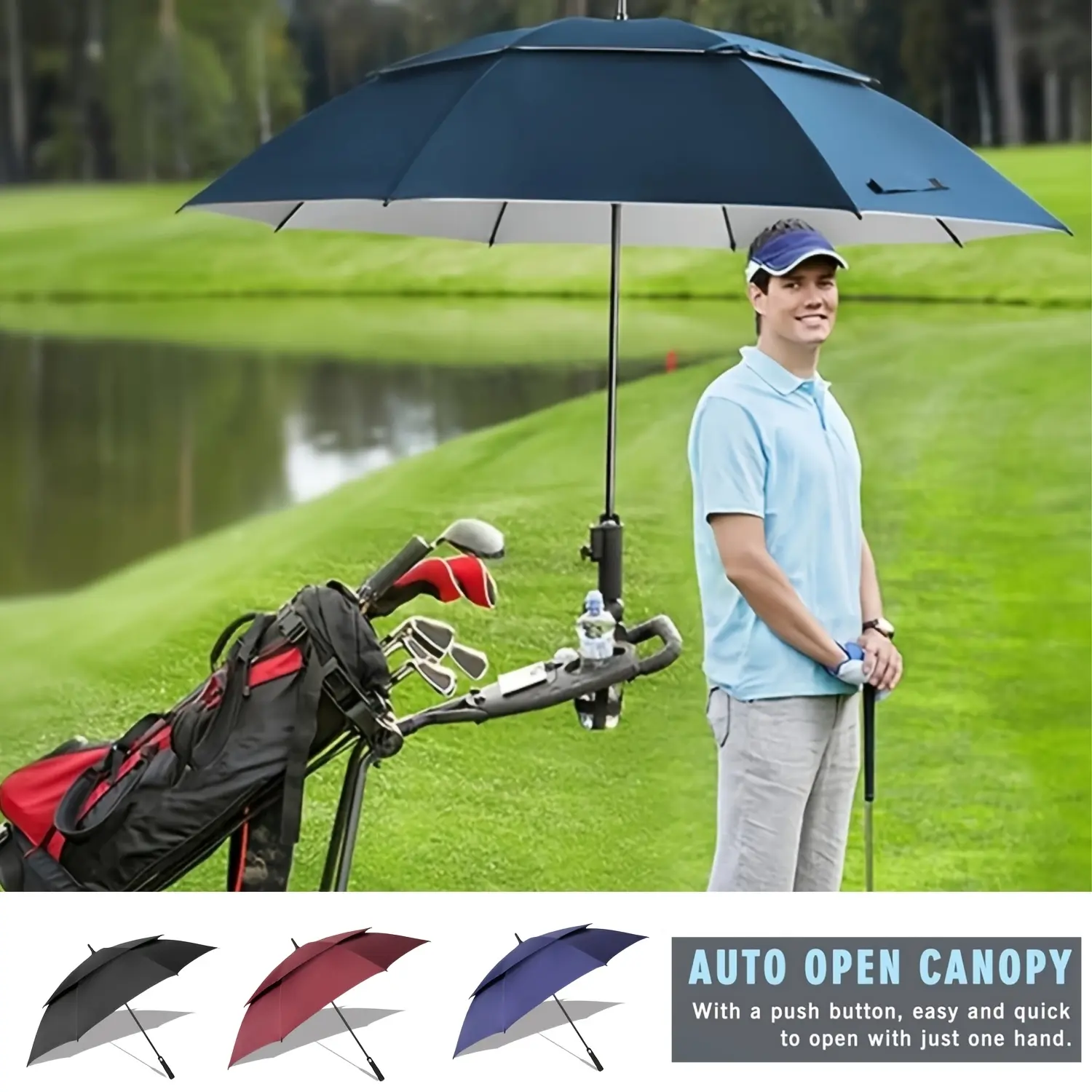Automatic Heavy Duty Golf Umbrella - Cloth Auto-Open Canopy, Windproof Cloth Carbon Fibre Double Layer Design, Rubber Handle, Extra Large for 2-3 Ppl, UV Protection for Adults, Heavy Duty Protection