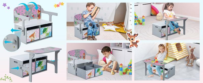 Costzon 3-in-1 Convertible Wooden Toy Storage Bench with Handle, 2 Bins for Kids Reading Nook, Toddler Table and Chair Set for Daycare Playroom Classroom,Christmas Festival Gift Black Friday Cyber Monday