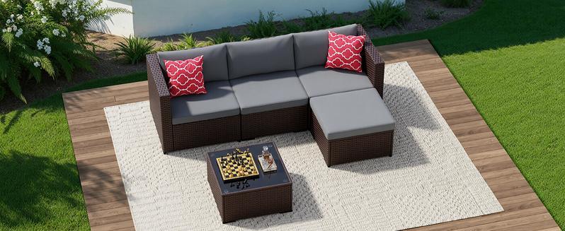 Gizoon 5 Pieces Patio Furniture Set All Weather Outdoor Wicker Sectional Patio Furniture with Cushion and Glass Table