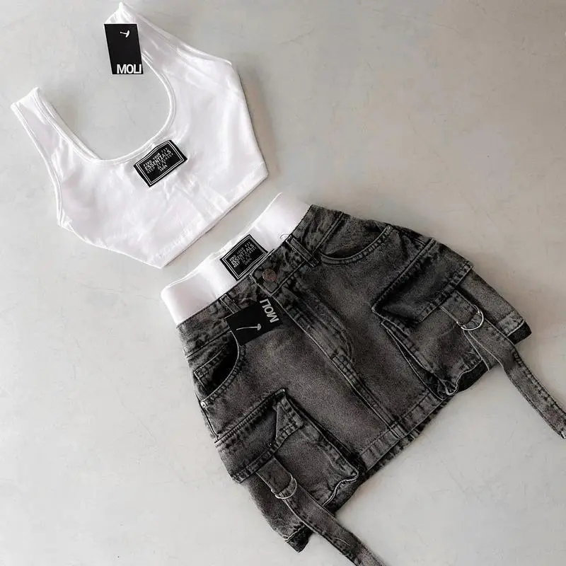 women 2 peice new fashion straps casual multiple pockets denim skirt  goth womens versatile strap streetwear  Womenswear sets Clothes Button Jeans Seamless Suits Gamis Fitted Short Sleeveless Two-Piece Set