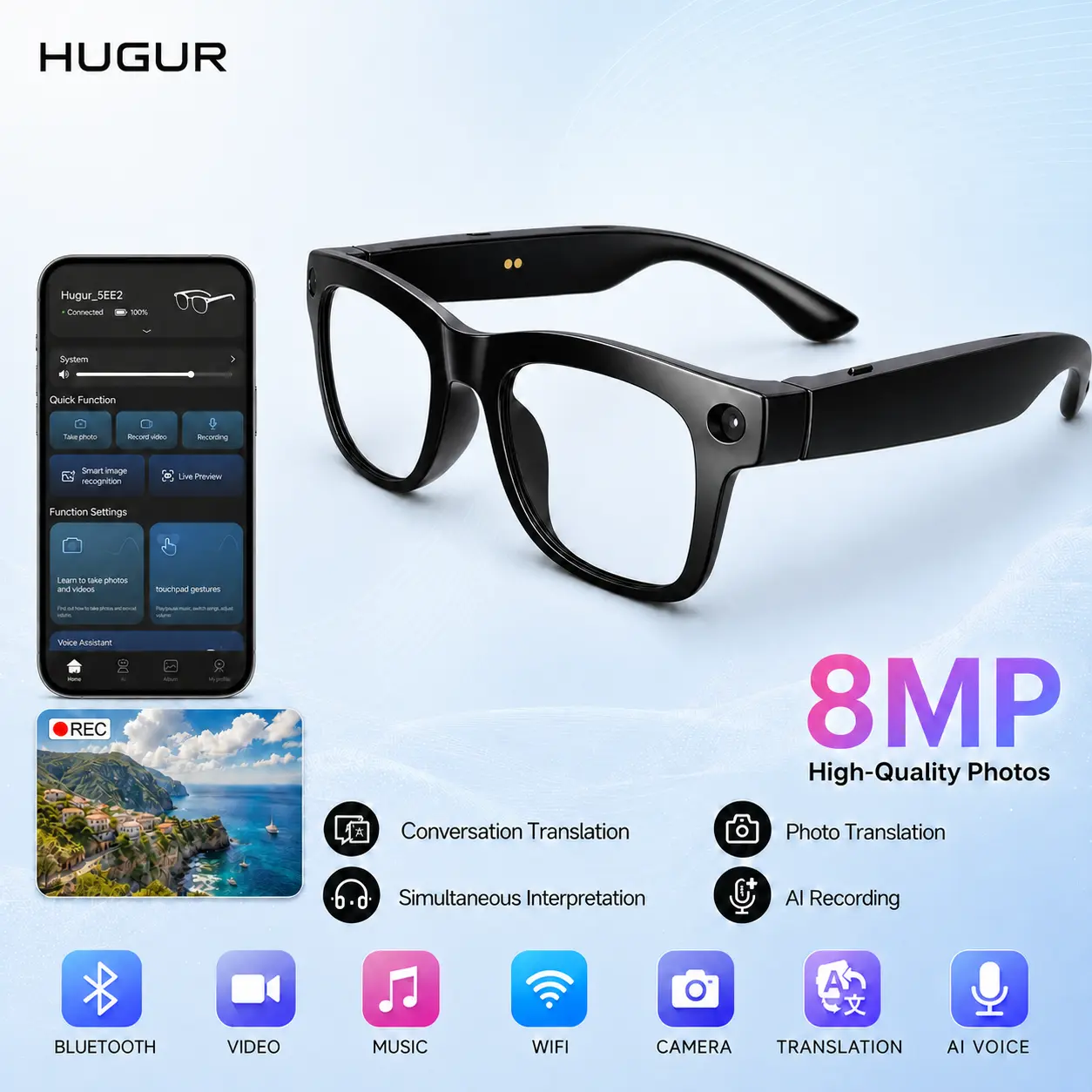 HUGUR AI Smart Glasses - Multifunctional Smart Glasses with 8MP Photochromic Lenses, 1080p Wireless Bluetooth Cam, Touch-Button Controls, 160+ Language Real-Time Translation, UV Protection, Music Player; Hiking Cool Gadgets, Back to School Gift