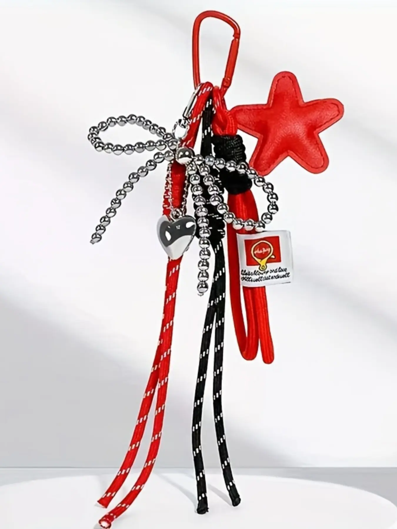 Y2k Style Heart Bow Bead Star Keychain, Keychain Accessories, Woven Rope Five-Pointed Star Bag Charm Pu Leather Star Accessory Heart Pendant Lanyard for Purses Handbag Backpack Decoration, Key Chain Decorations, Star Keyring Accessory, Key Charms
