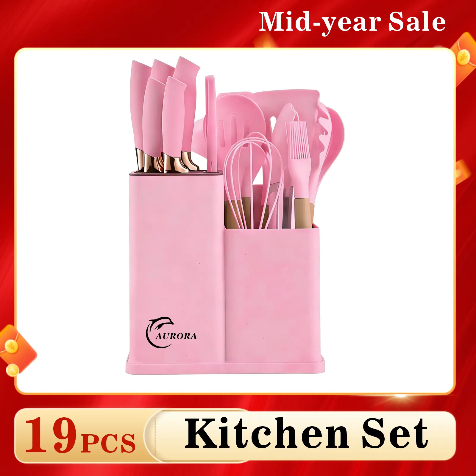 XBJ 19-Piece Thick Rubber Utensil Kitchenware Set, Ergonomic Heat-Resistant Silicone Cutlery with Wooden Handles, Nonstick-Compatible Ladle Turner Spoon, Stylish Blush Pink, Ideal Women's Day Gift for Her