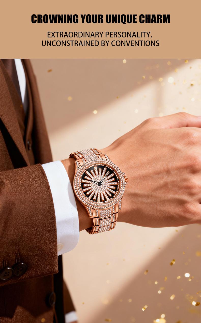 Men's Diamond - Encrusted Gold Watch, Business Quartz Chronograph with RotatingDiamond Dial, Sparkling Effect, WaterResistant, Party Daily Wear Birthday Gift (With Box)