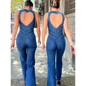 Backless heart-shaped hollow women's jumpsuit casual sleeveless one-piece dress retro denim jumpsuit women's dress