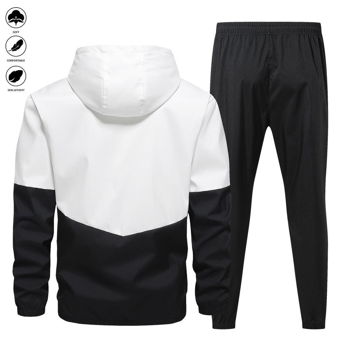 Men's and women's universal fashionable sports set, color-matched patchwork, drawstring, hooded jacket, comfortable and breathable sports pants, suitable for all seasons and great as an outdoor or festival gift.