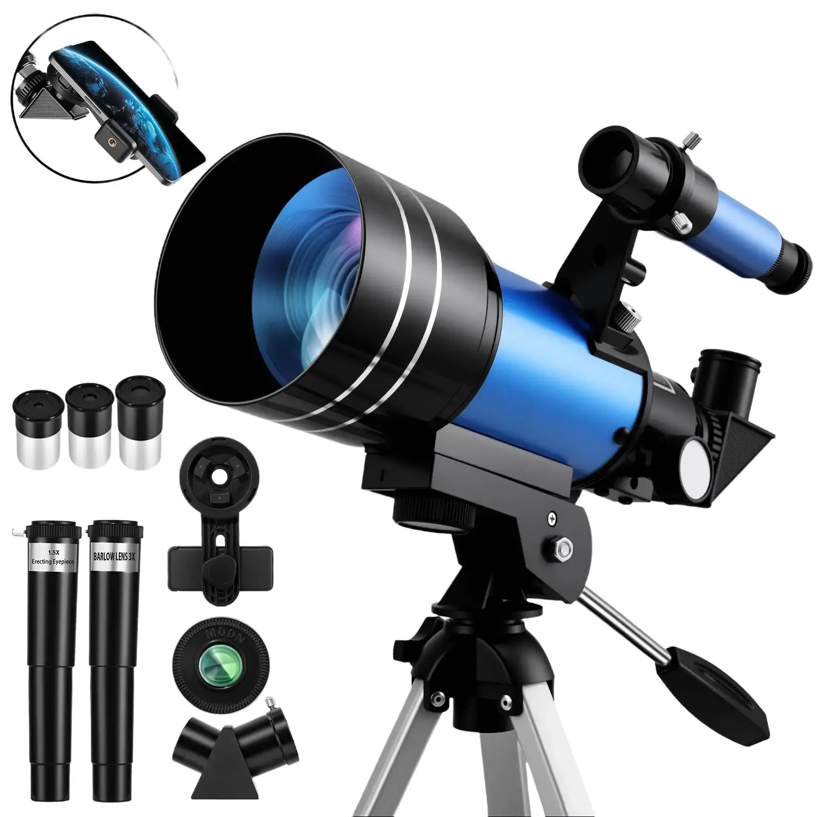 Kids & Adult Beginner Telescope, 70mm Refractor with 15X–150X Zoom, Phone Adapter & Wireless Remote, Portable Travel Design (Blue)