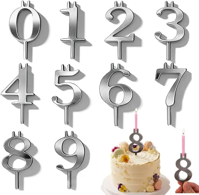 Reusable Sturdy Silver Metal Cake Number Candle Holder Set (A-1) - 0-9 Digital Shapes, Minimalist Smooth Contemporary Insert Toppers, Easy to Clean, Bakers’ Birthday Cake Decorations, Gift for Birthday, Graduation