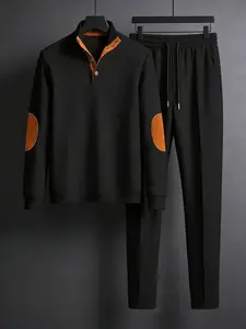 Men's autumn new style American stand up collar button elbow protection color blocked long sleeved hoodie and pants set