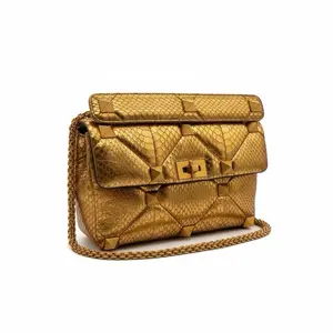 Pre-owned Valentino leather Crossbody Bags Garavani Rockstud Gold Python Embossed Crossbody Bag with Chain Strap