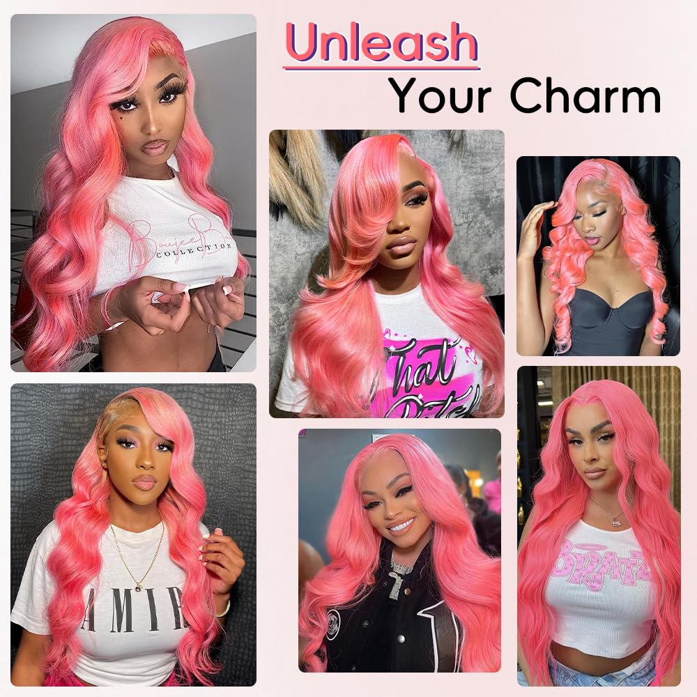 Pink Lace Front Wig Human Hair Body Wave 30 Inch Hot Pink 180% Density HD Transparent Lace Frontal Glueless for Women Natural Look Seamless Hairline Vibrant Style & Color