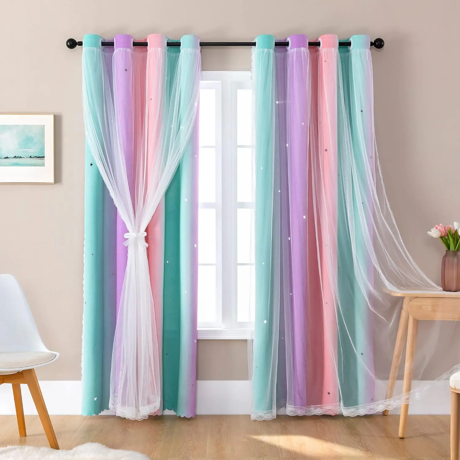 Rainbow Blackout Curtains for Girls Bedroom Decor Unicorn Wall Decals Pink Purple Green 63 x 34 inches 1 Panel Kids Room Decor