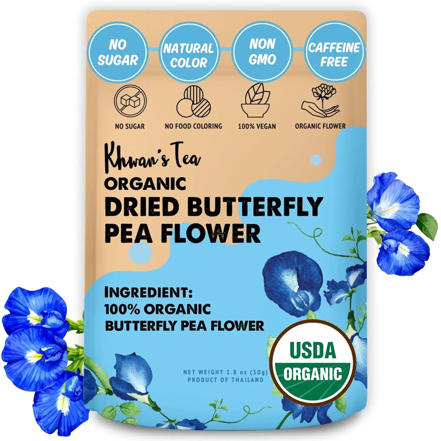 KHWAN'S TEA Organic Butterfly Pea Flower Tea, Loose Dried Flowers, 1.8 oz | Organic butterfly pea flower tea, dried butterfly pea flowers loose leaf, color-changing blue tea, caffeine-free, 120+ cups