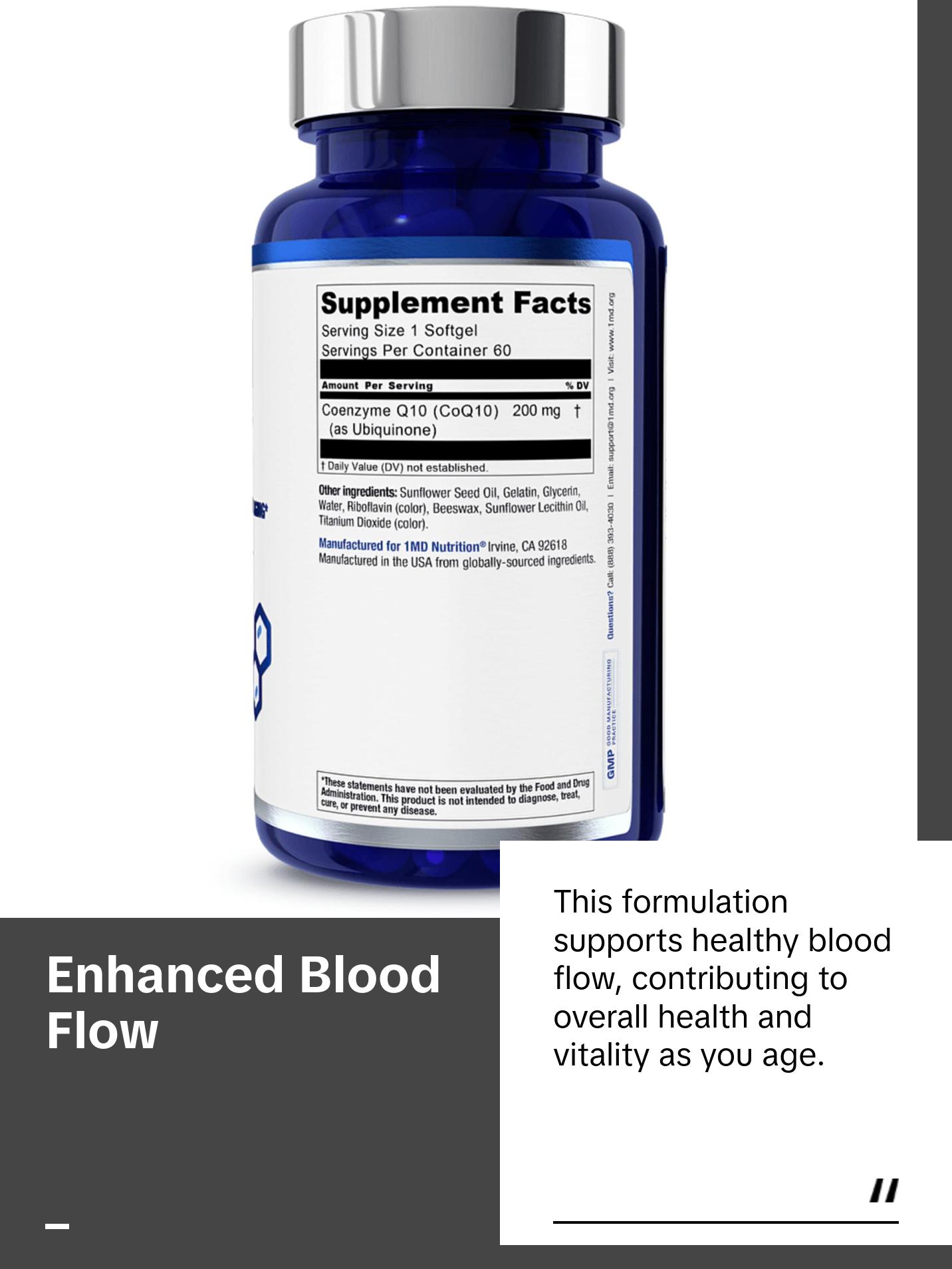 1MD Nutrition CoQ10 - Heart Health & Cellular Energy Production - Coenzyme Q10 Antioxidant Softgel Health Supplement - 2-Month Supply