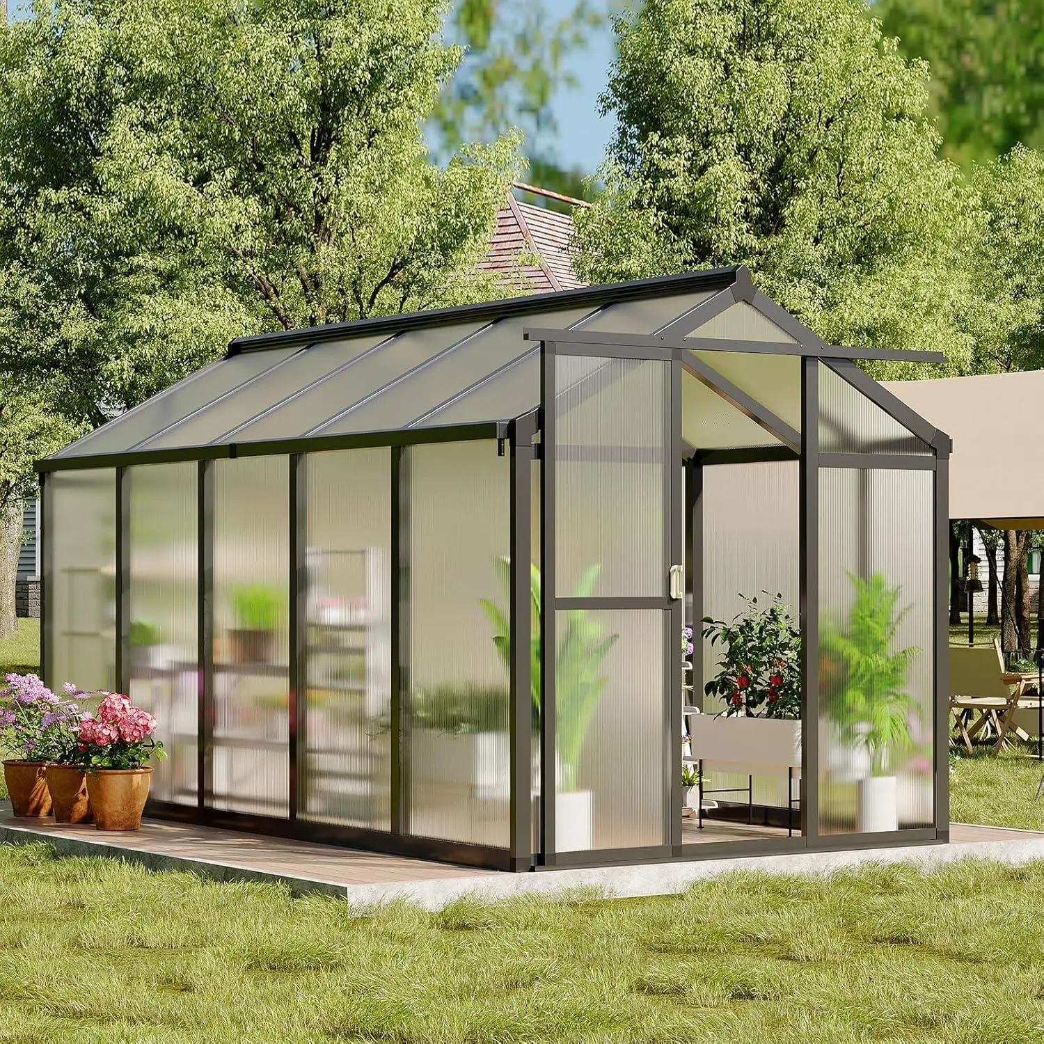 6x10 FT Greenhouse – Walk-in Polycarbonate with Aluminum Frame, 2 Top-Opening Windows, Swing Doors & Lockable Door for Backyard Garden