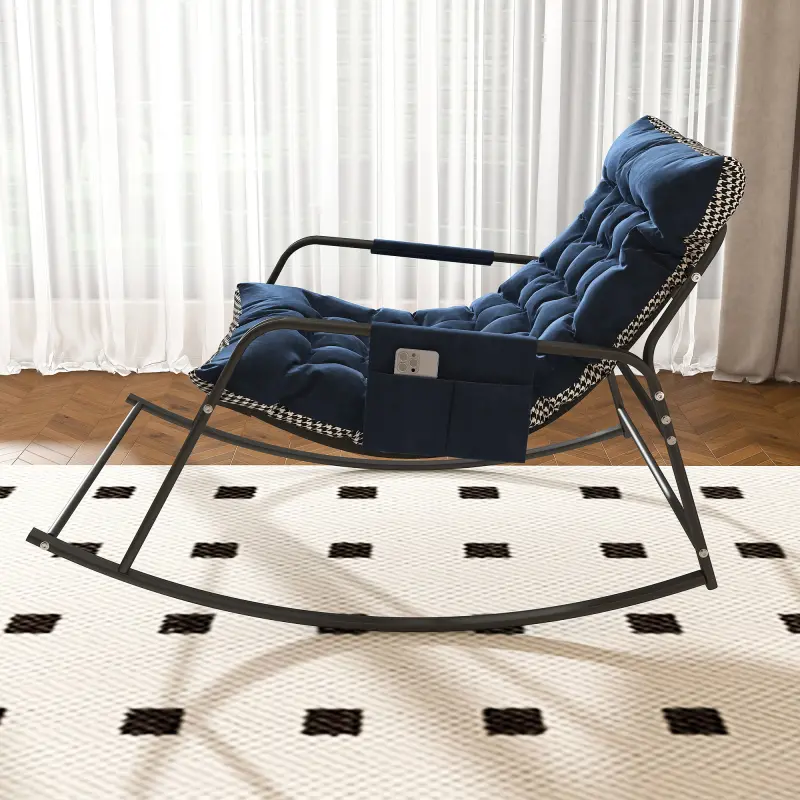 Blue Reclining Swinging Lounger - Upholstered Armchair, Soft Fabric Chair with Waterproof Cushions, Fixed Arms, Storage, Stable Breathable Mesh Ergonomic Metal Frame, 330lb Capacity, All-Season Comfort for Living Room, Patio