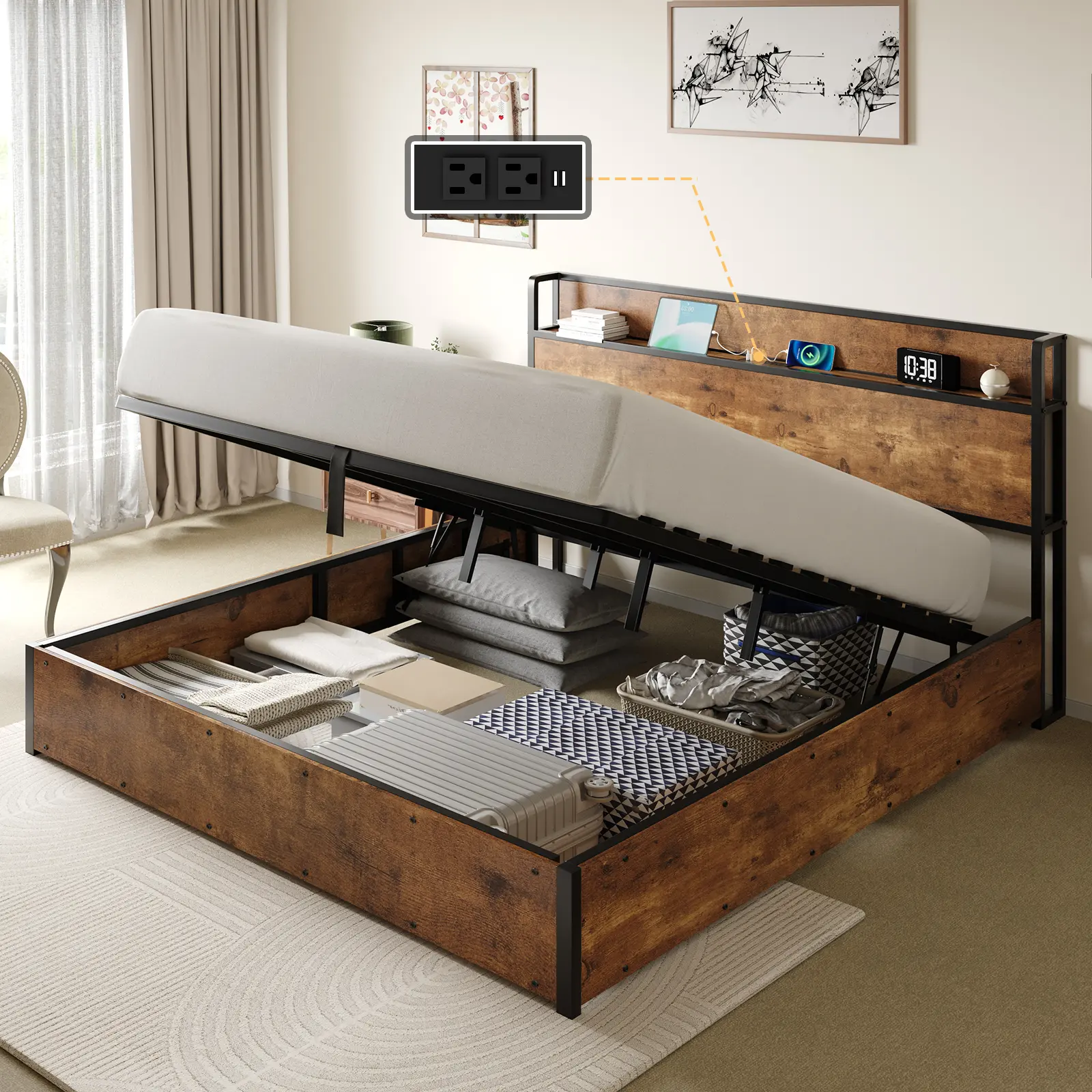 [SummerWins] [SummerFinds] ALBOTT Lift Up Storage Bed Frame, Wooden Platform Bed Frame with Lifting Storage & Charging Station, No Spring Box Needed/Noise Free