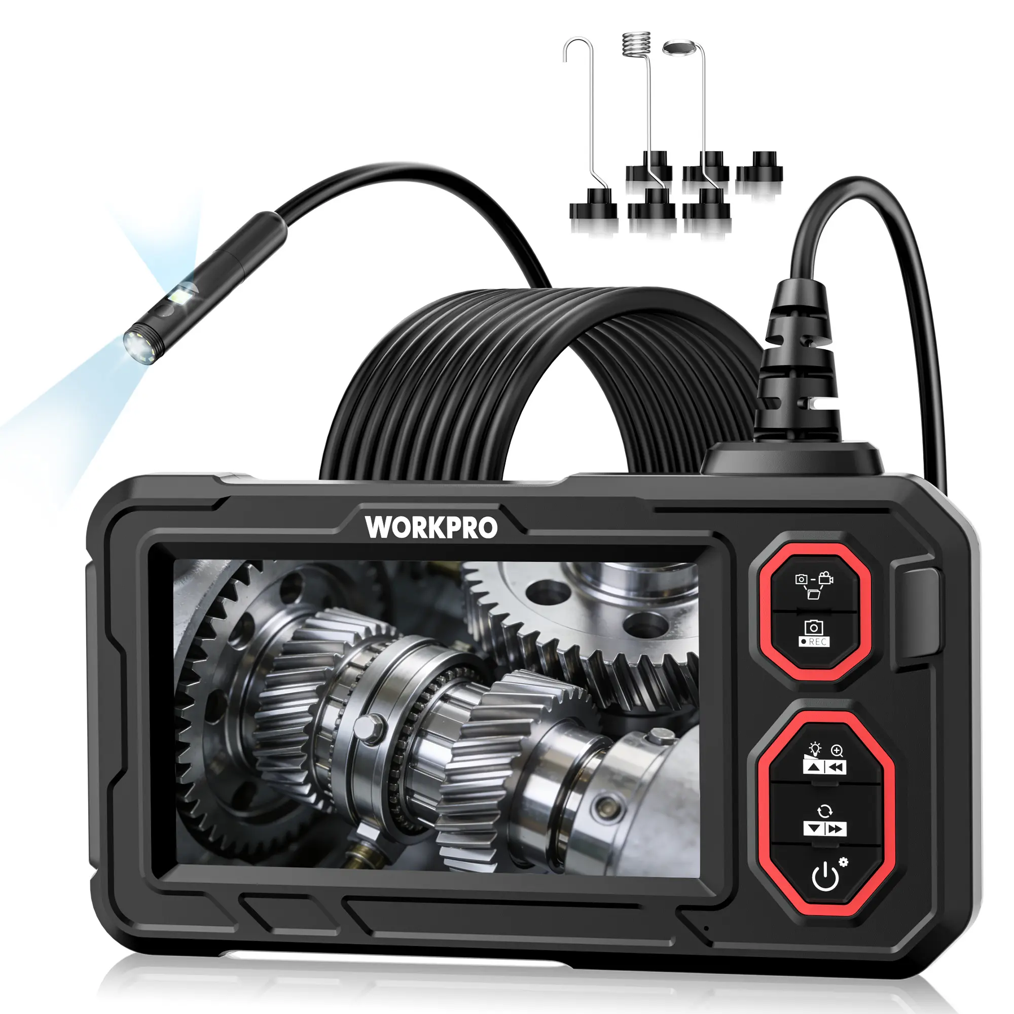 #backtoschool WORKPRO 4.3-Inch Rechargeable Industrial Endoscope Camera, IP67 Waterproof 1920P HD Dual Lens Borescope with 9 Adjustable LEDs, Inspection Camera with 16.4 ft Semi Rigid Cable