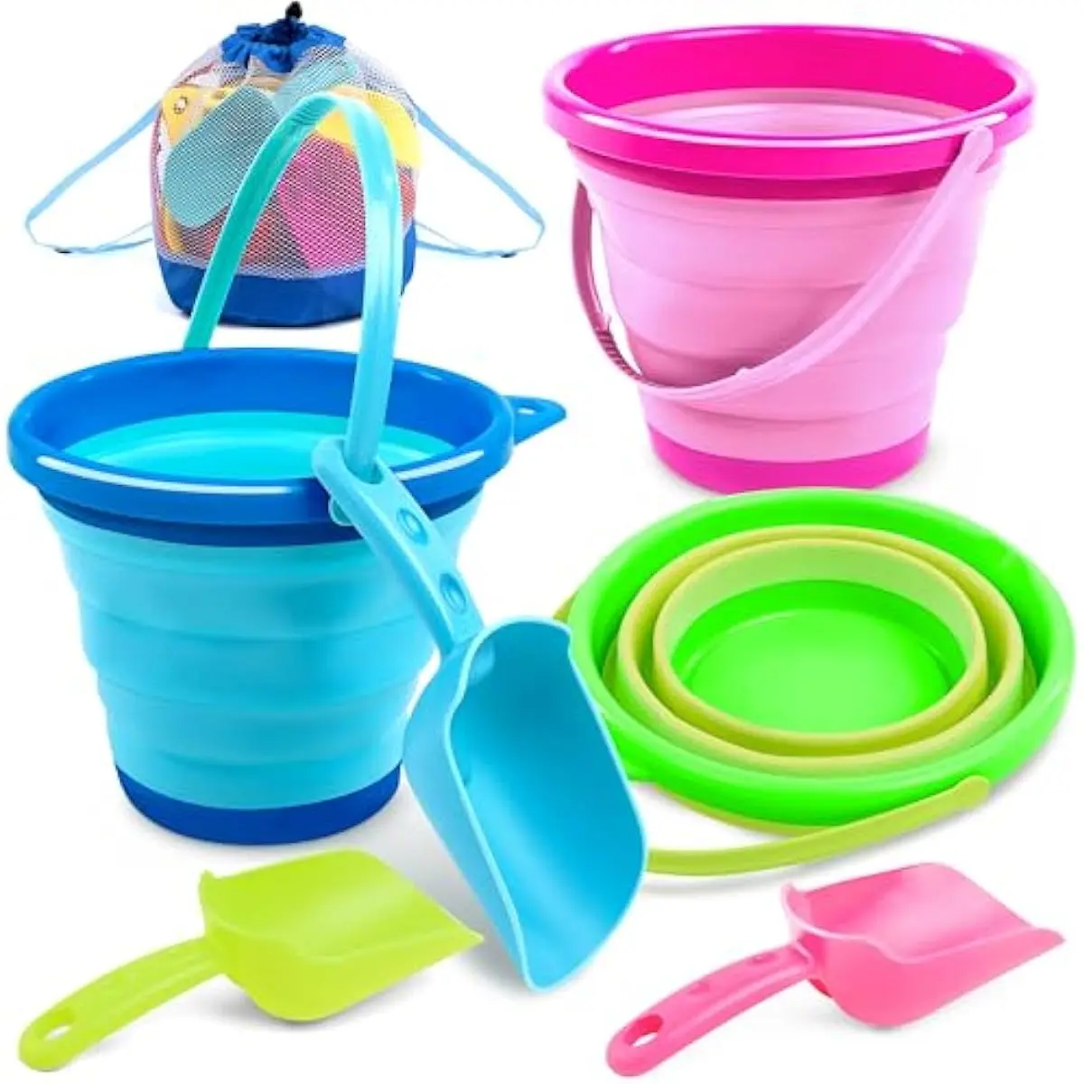 3 Packs Foldable Pail Bucket with Shovels & Mesh Bag, Collapsible Buckets Multi Purpose for Beach, Camping Gear, Beach Party, Fishing, and Fun Summer Activities (Blue/Pink/Green)