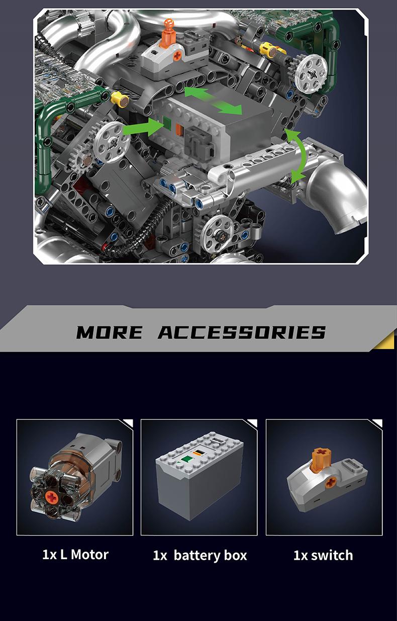 Mould King 10182 V8 Engine Double Turbo Eight Cylinder Green Model That Works Building Block Toy 2250 Pcs